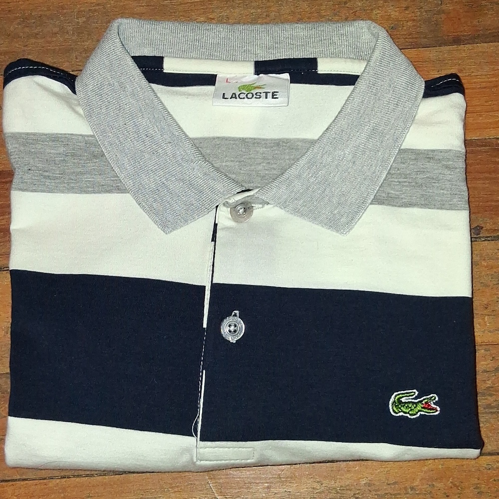 Lacoste It’s a children’s T-shirt, Navy, White & Gray Striped Polo